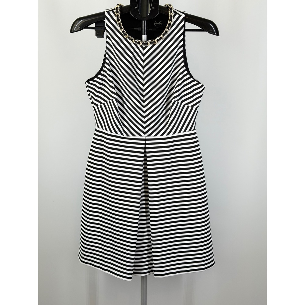 Jessica Simpson Black White Striped Chain Neck Fit Flare Dress Size 6